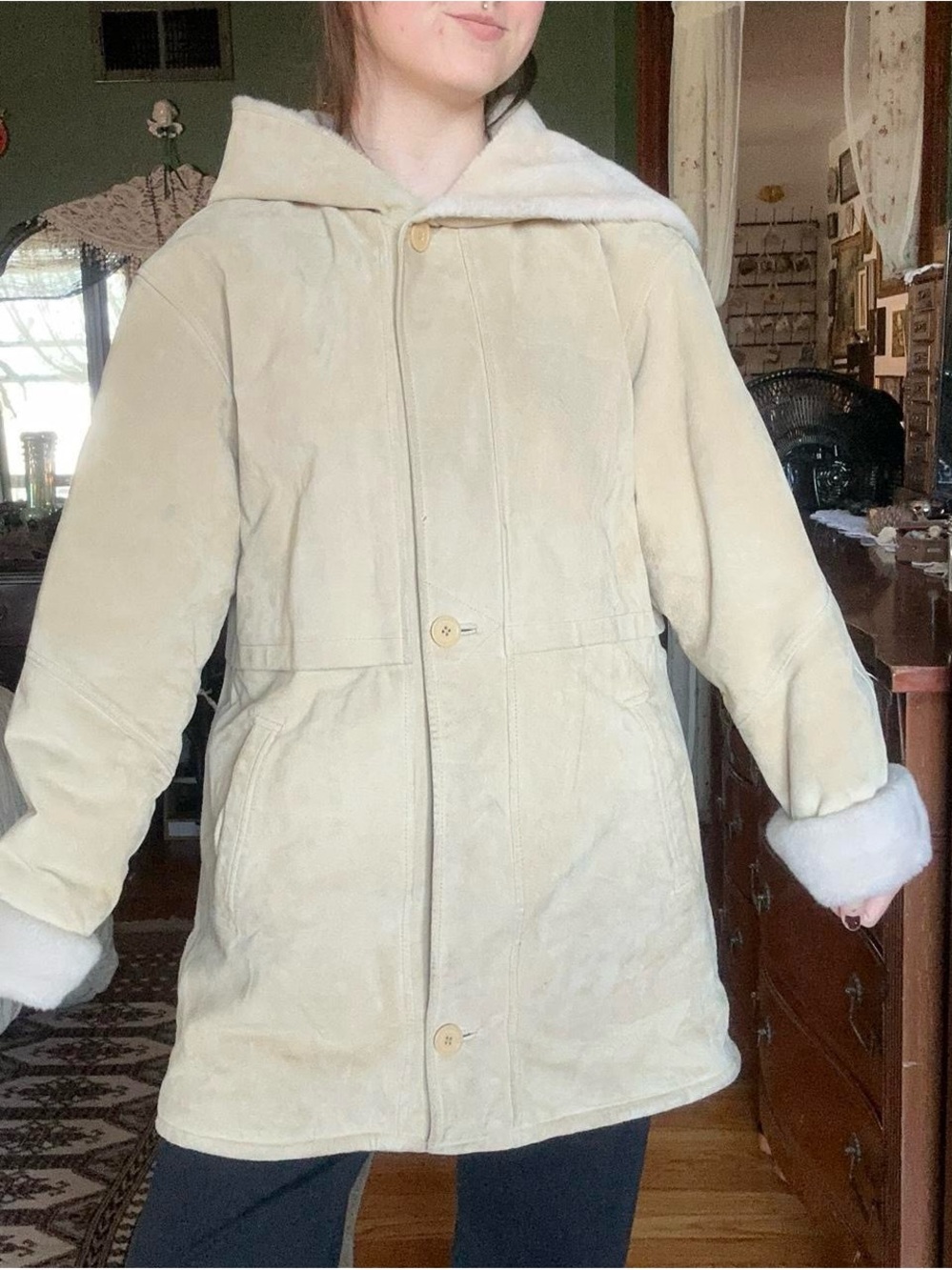 Cream Hooded Shearling Coat